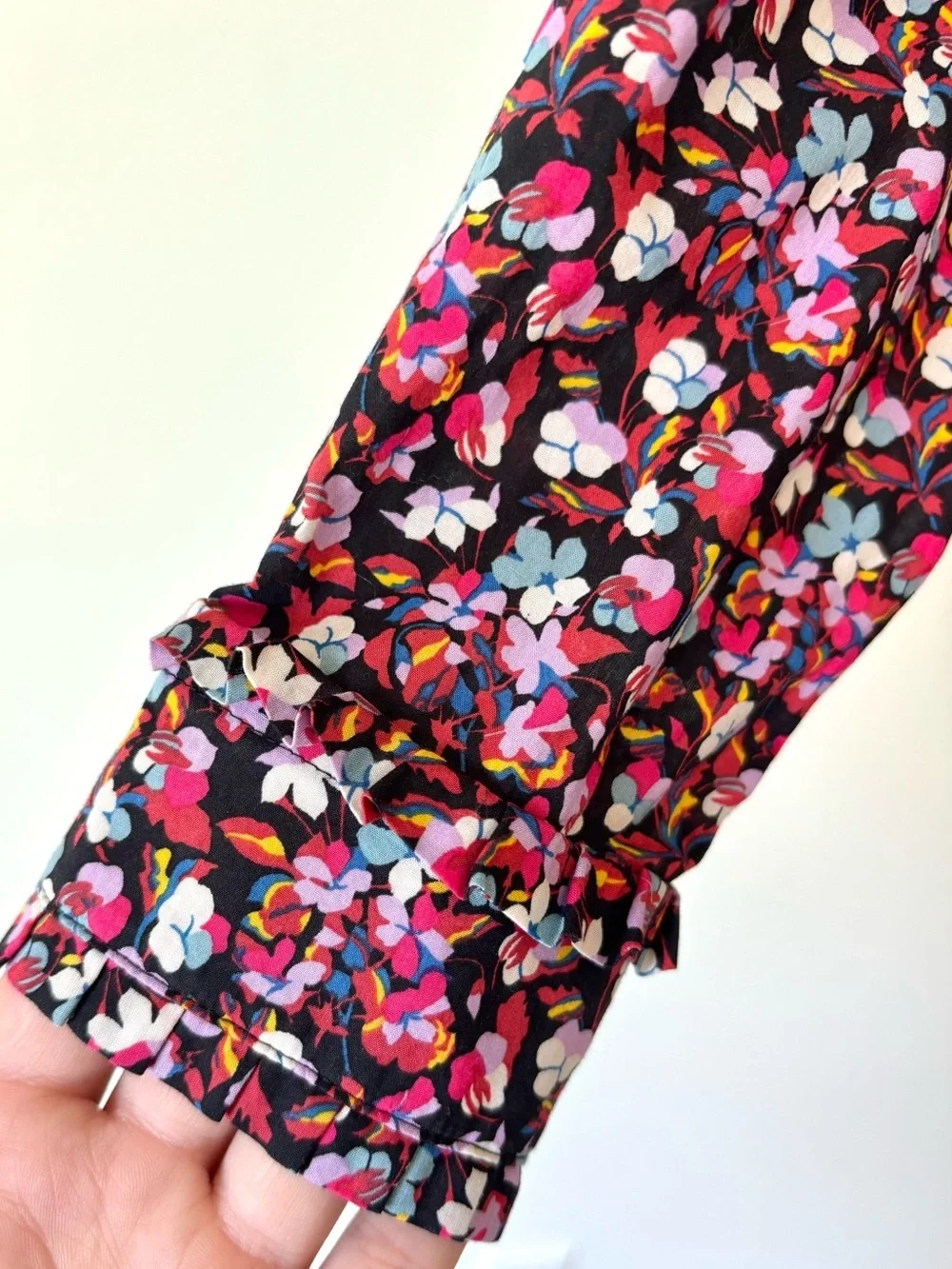 J. Crew Liberty Floral Print Sarah Button Down Front Neck Tie Preppy Black Pink
